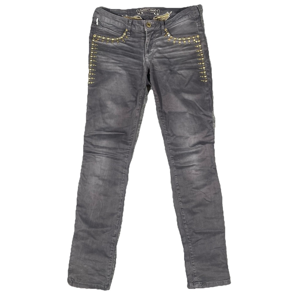 Robin's Jean Men's Gray Acid Wash Skinny Slim Jeans Gold Wing Studded Logo Sz 28
